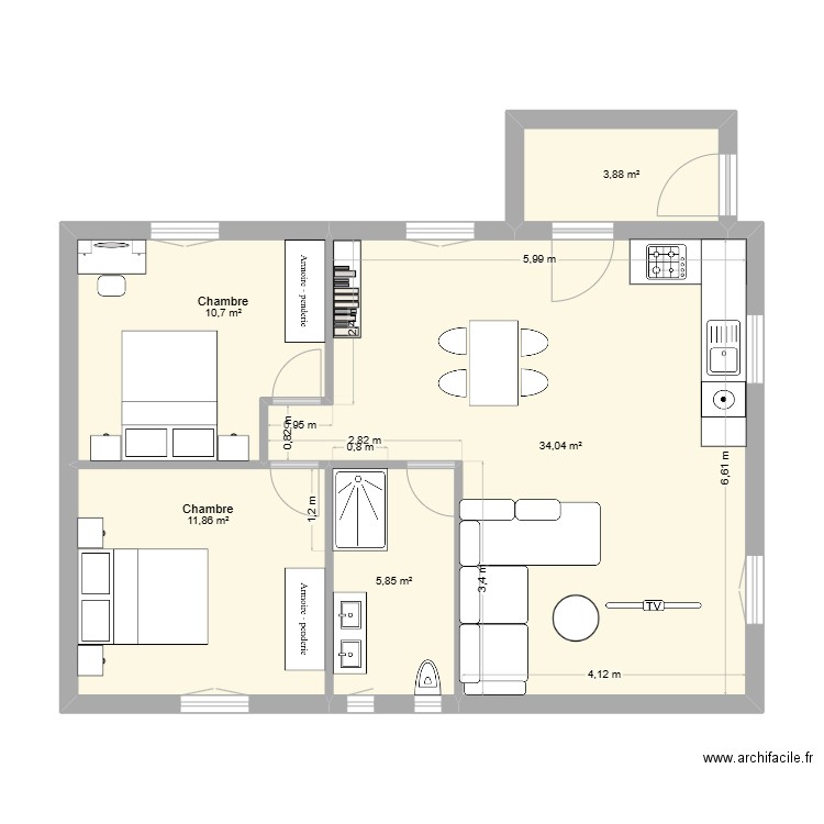 Maison 2 sans étage. Plan de 5 pièces et 66 m2
