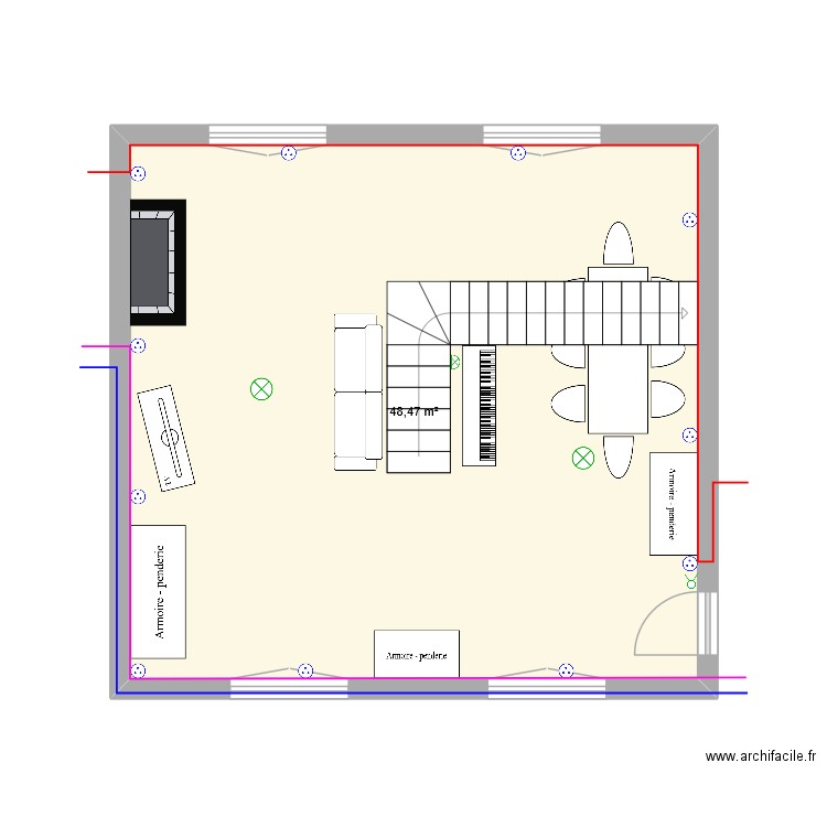 salon. Plan de 1 pièce et 48 m2
