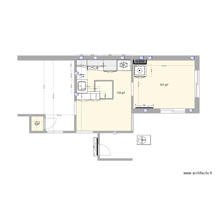 Cuisine milieu version 6-2 sans meuble. Plan de 3 pièces et 22 m2