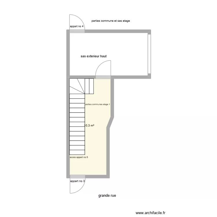 partie commune et sas etage. Plan de 1  et 10 m²