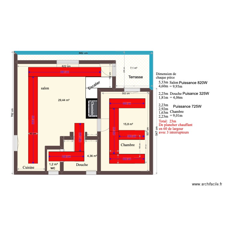 Plancher Chauffant. Plan de 5 pièces et 58 m2