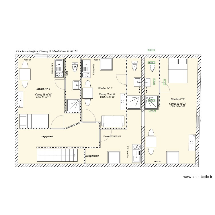 T9 1er - Meublé 30.12.2022. Plan de 7 pièces et 74 m2