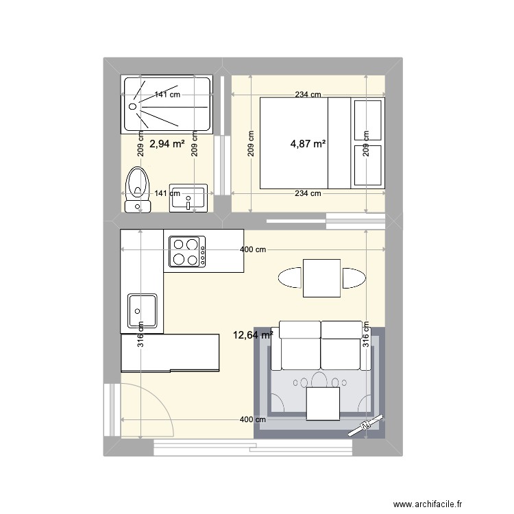 STUDIO AUBRY. Plan de 3 pièces et 20 m2