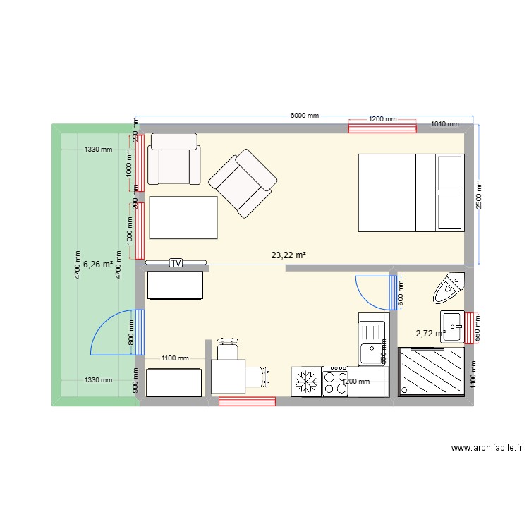 DOUBLE SQUARE 30М²(2) на сайт. Plan de 3 pièces et 32 m2