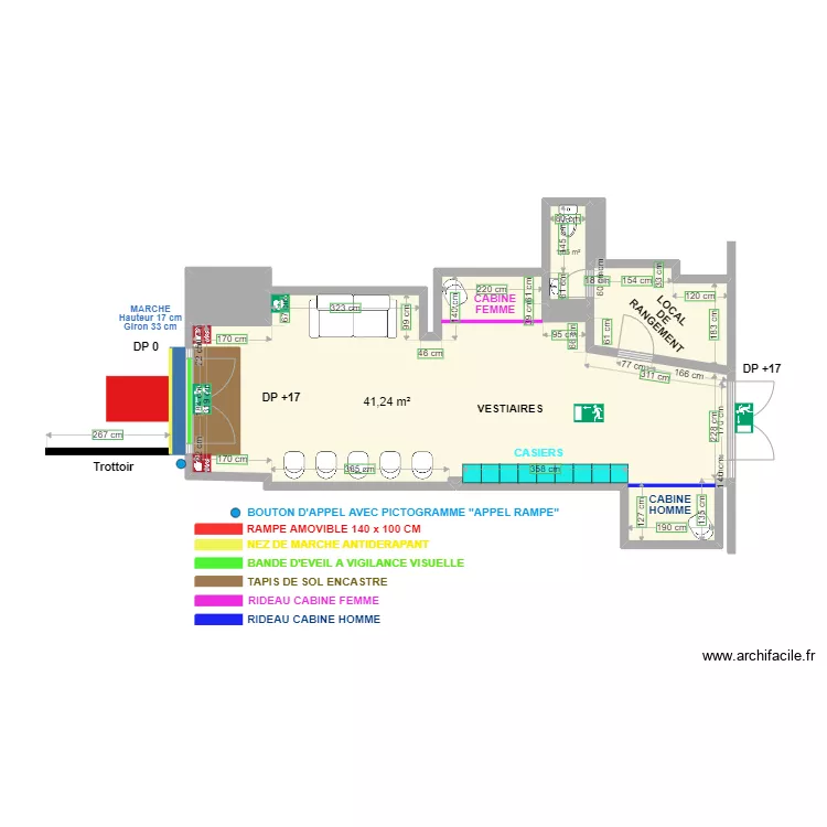 STUDIO YOGA SAUMUR vue vestiaires apr&egrave;s travaux. Plan de 