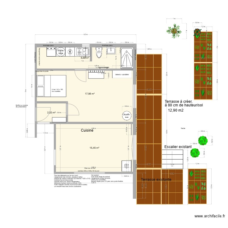 création terrasse privée Christine. Plan de 4 pièces et 44 m2