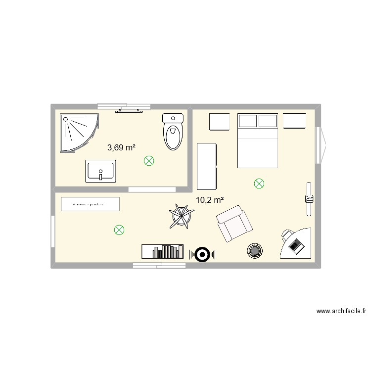 Chambre standard. Plan de 2 pièces et 14 m2