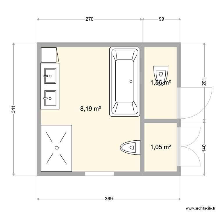 SDB maison. Plan de 3 pièces et 11 m2