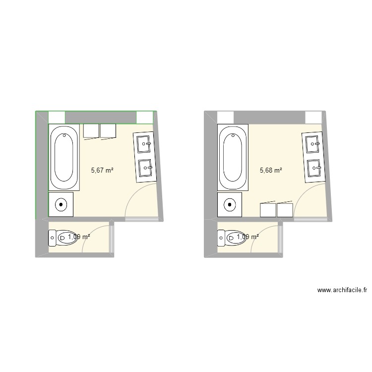 Salle de bain V1. Plan de 4 pièces et 14 m2