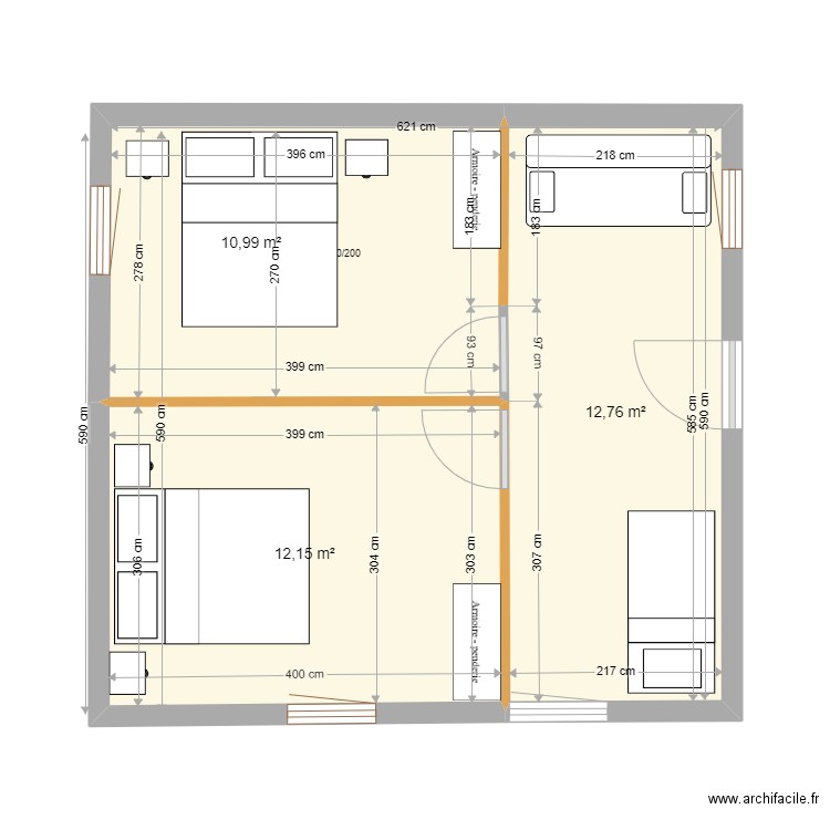 petite maison P-60. Plan de 3 pièces et 36 m2