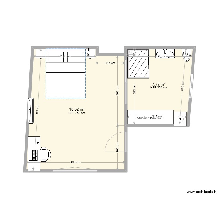 Chambre 1er étage . Plan de 2 pièces et 26 m2