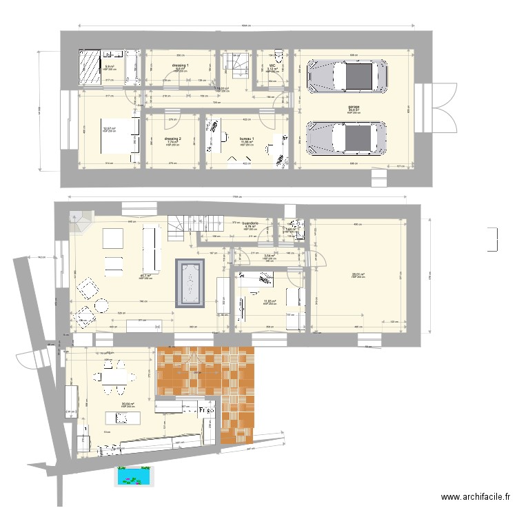 grange 12 janvier 21. Plan de 15 pièces et 219 m2