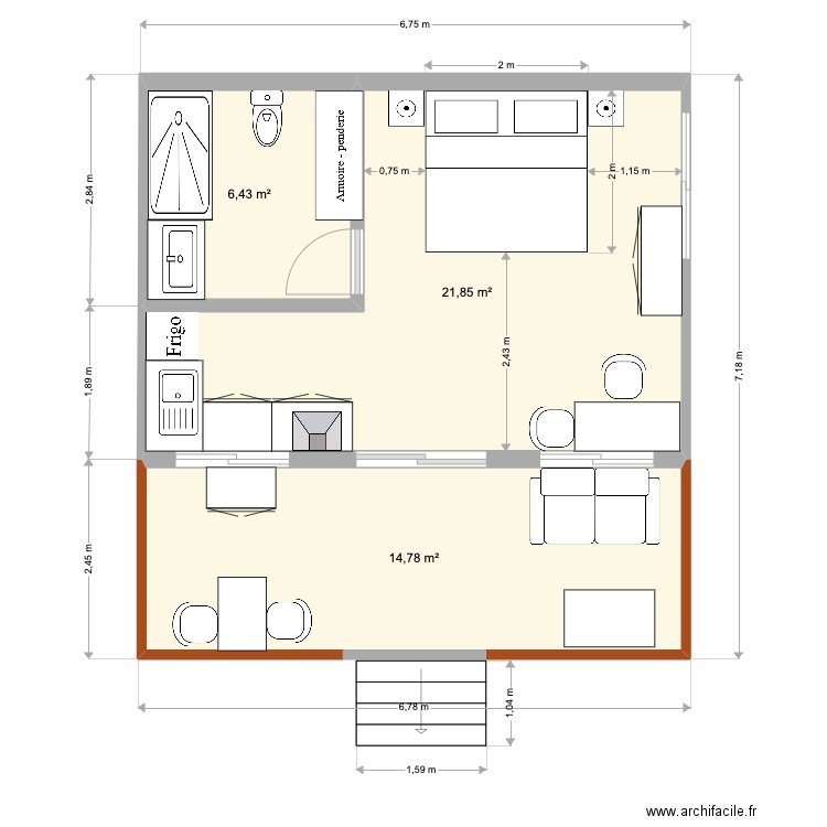 Paz Mini. Plan de 3 pièces et 43 m2