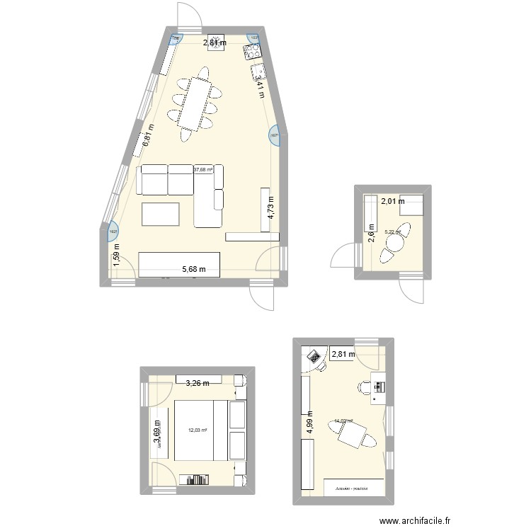 chambre. Plan de 4 pièces et 69 m2