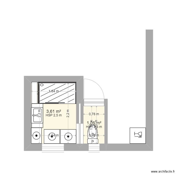 BEKA SDB  propo2. Plan de 2 pièces et 5 m2