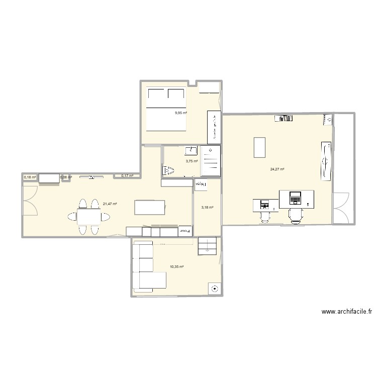 Cuisine. Plan de 9 pièces et 73 m2