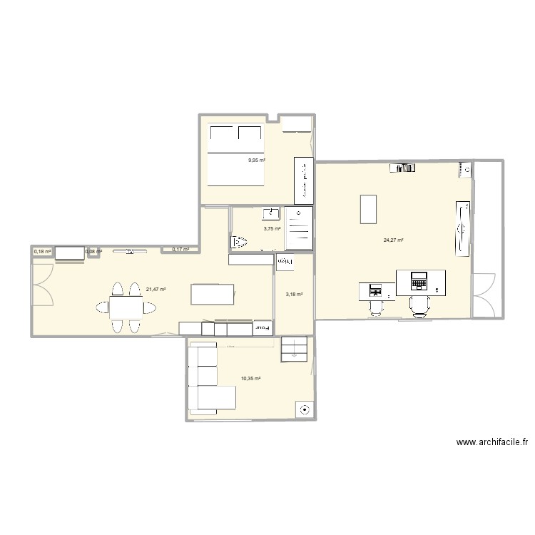 Cuisine. Plan de 8 pièces et 46 m2