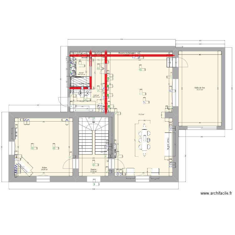 RDC1. Plan de 9 pièces et 129 m2