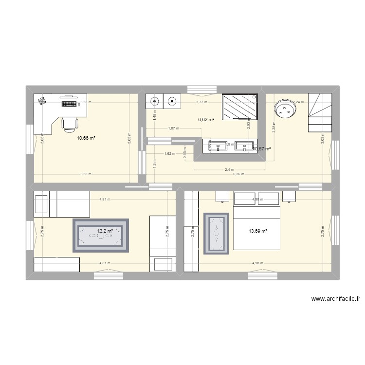 etage 1 positif. Plan de 5 pièces et 55 m2