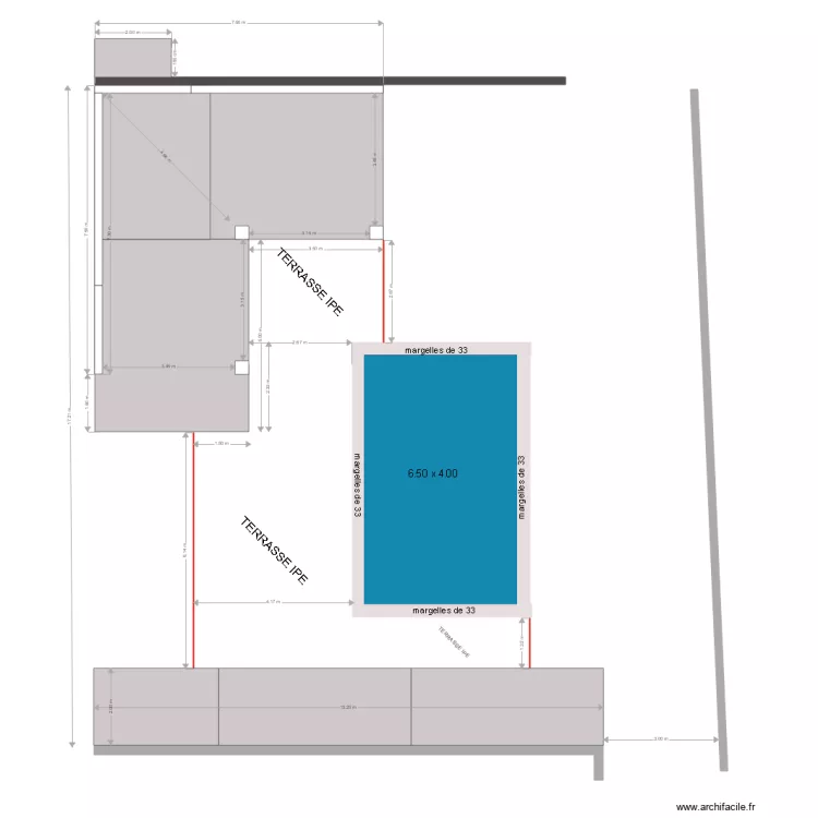 Terrasse IP&eacute; piscine pool bar en L 3006. Plan de 