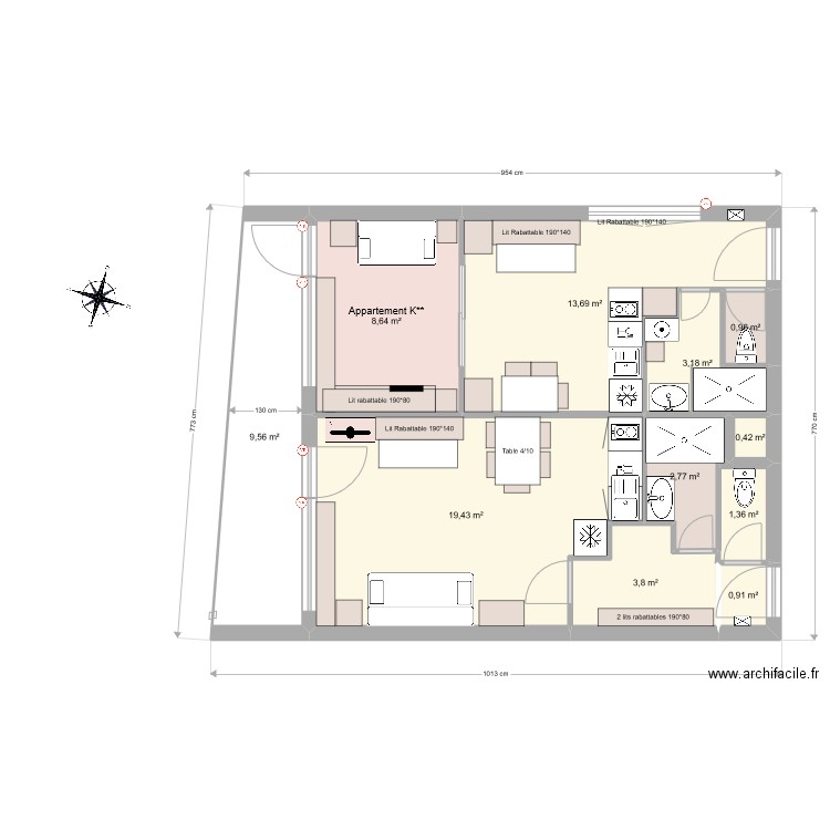 les 2 alpes 2. Plan de 11 pièces et 65 m2