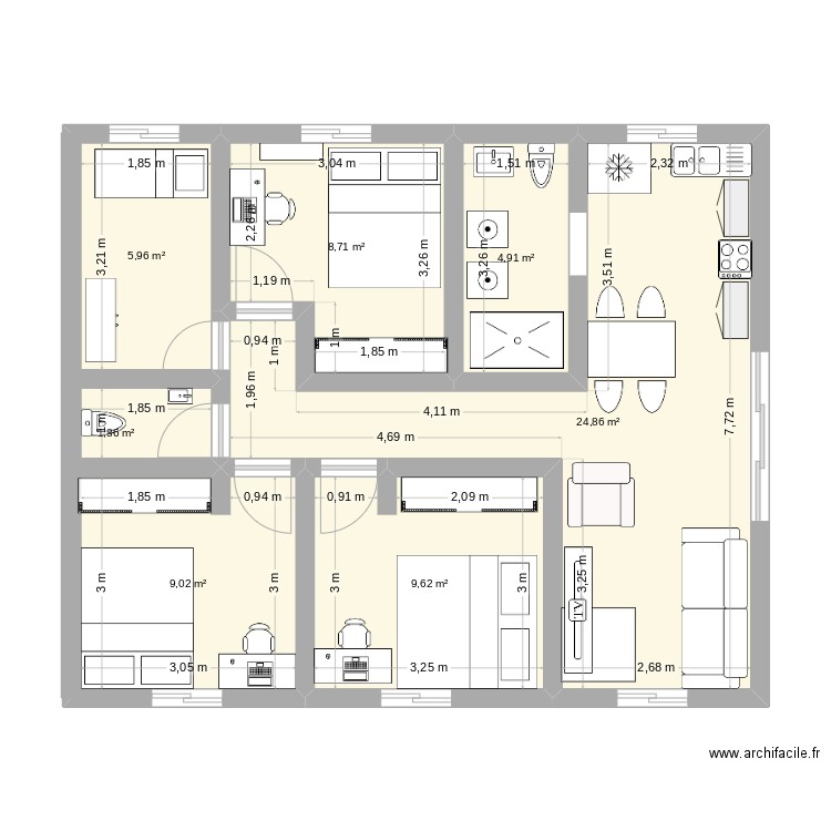 mon plan 80. Plan de 7 pièces et 65 m2