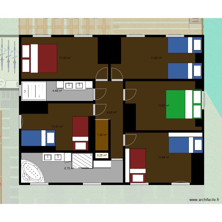 deh. Plan de 15 pièces et 164 m2