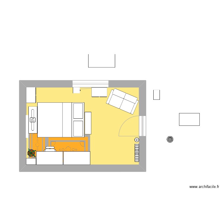 chambre lit double. Plan de 1 pièce et 17 m2