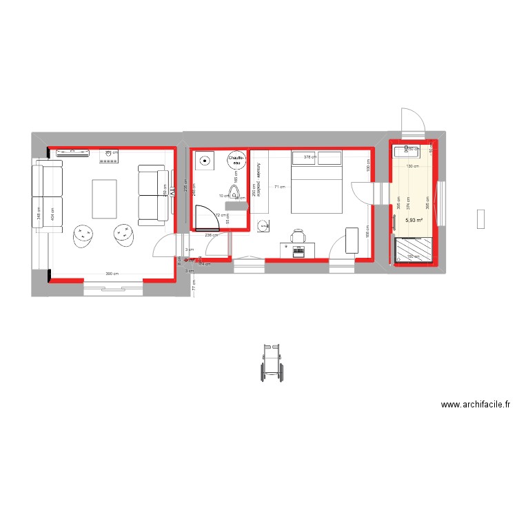 RDC meublé CHBRE 1 + SdE + SALON après placo fini. Plan de 2 pièces et 6 m2