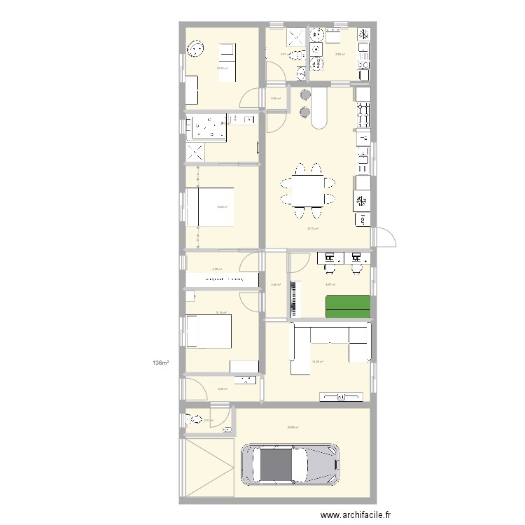 CC+. Plan de 15 pièces et 136 m2