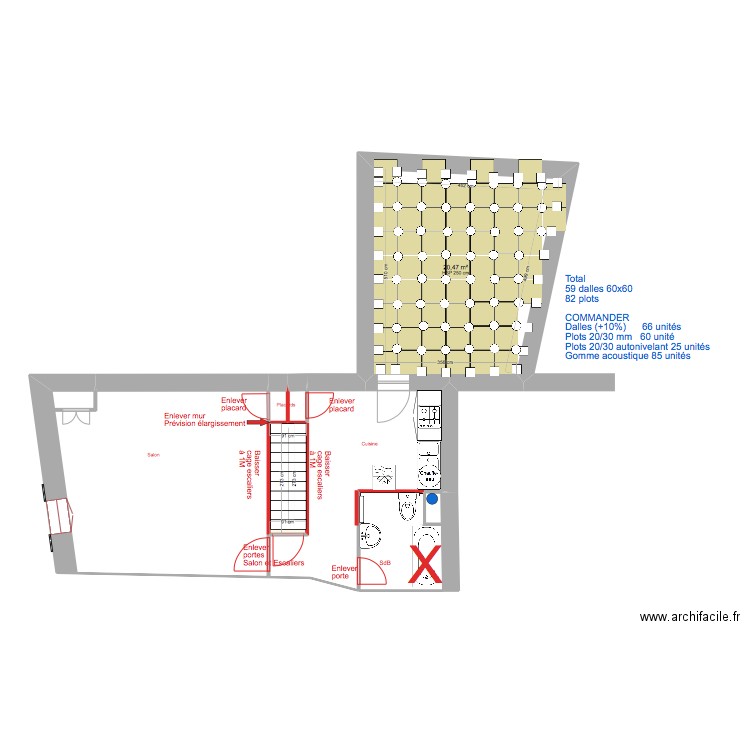 terrasse dalle. Plan de 7 pièces et 64 m2