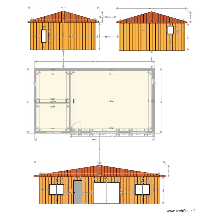 Maison bardage bois. Plan de 2 pièces et 58 m2