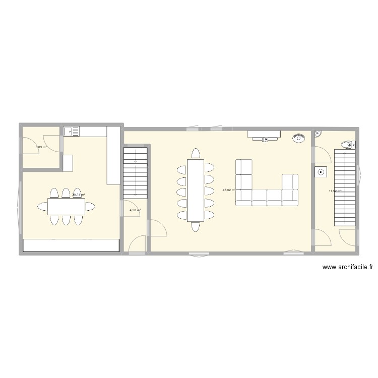 RDC. Plan de 5 pièces et 91 m2