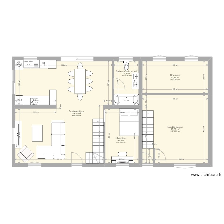 Maison 14.95 x 8m - RDC. Plan de 5 pièces et 100 m2