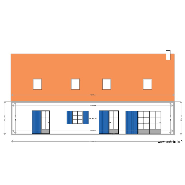 Facade EST projet avec double et non triple baies vitrées. Plan de 1 pièce et 44 m2