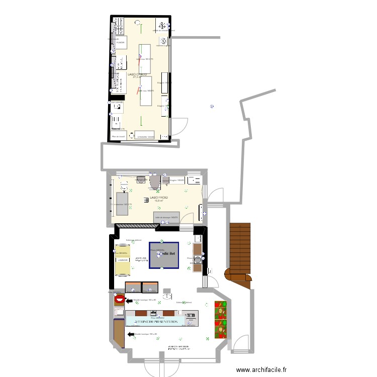 boutique. Plan de 2 pièces et 44 m2