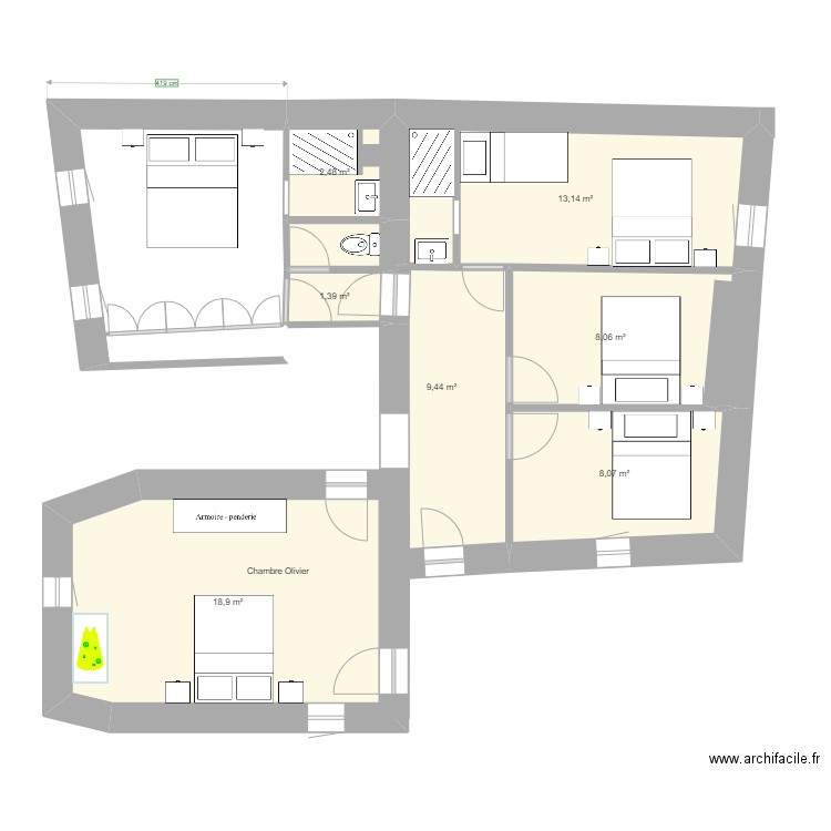 2ème étage. Plan de 7 pièces et 61 m2