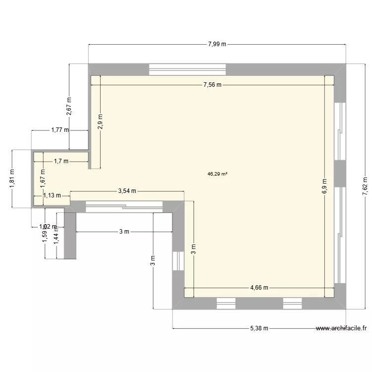 Pi&egrave;ce &agrave; vivre. Plan de 1  et 46 m²