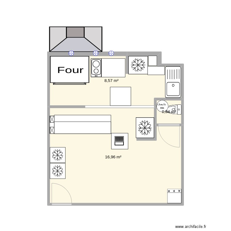 Pizza Gusto. Plan de 3 pièces et 26 m2