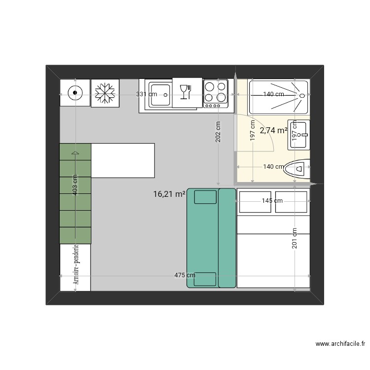 Lit double bas escalier coupé cube. Plan de 4 pièces et 38 m2