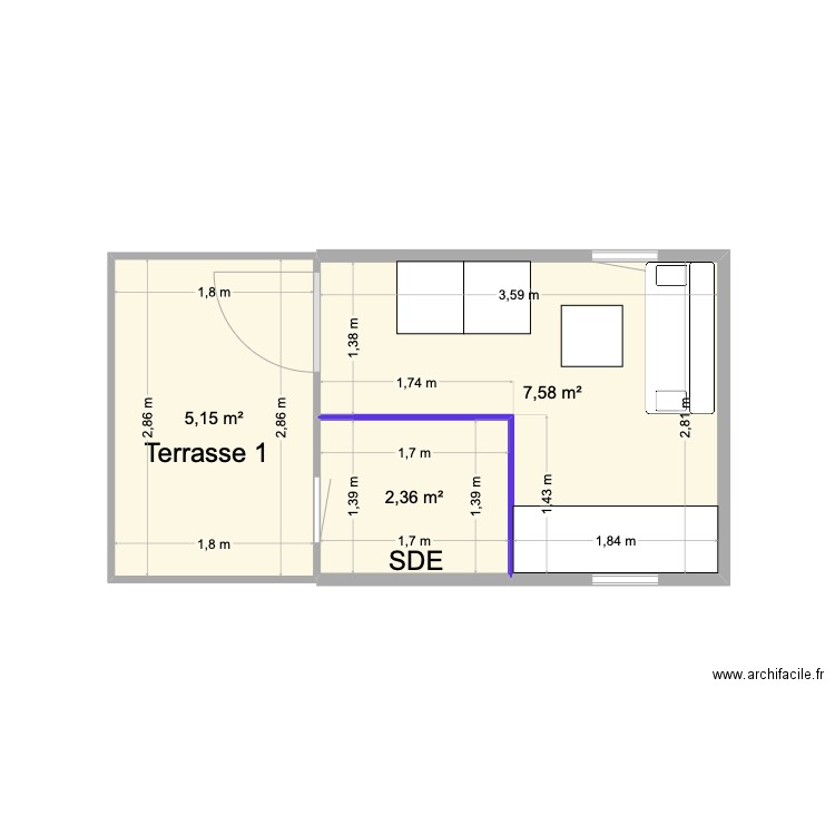 logement 1 aménagement V2. Plan de 3 pièces et 15 m2