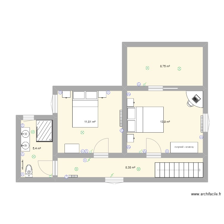 chambres fanny. Plan de 5 pièces et 48 m2