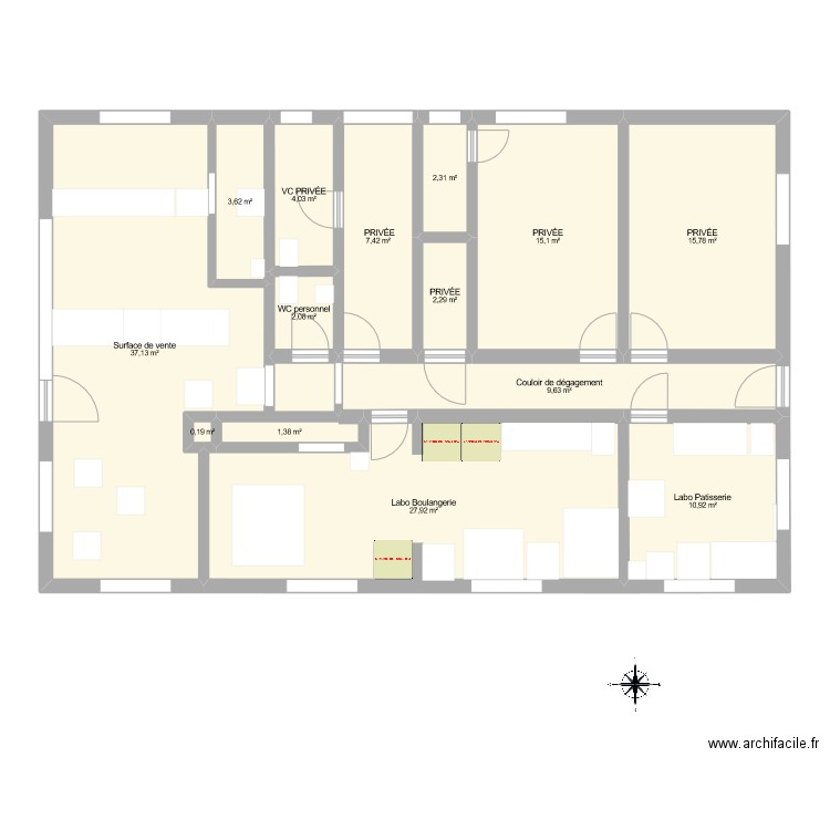 Boulangerie pâtisserie modèle. Plan de 14 pièces et 140 m2