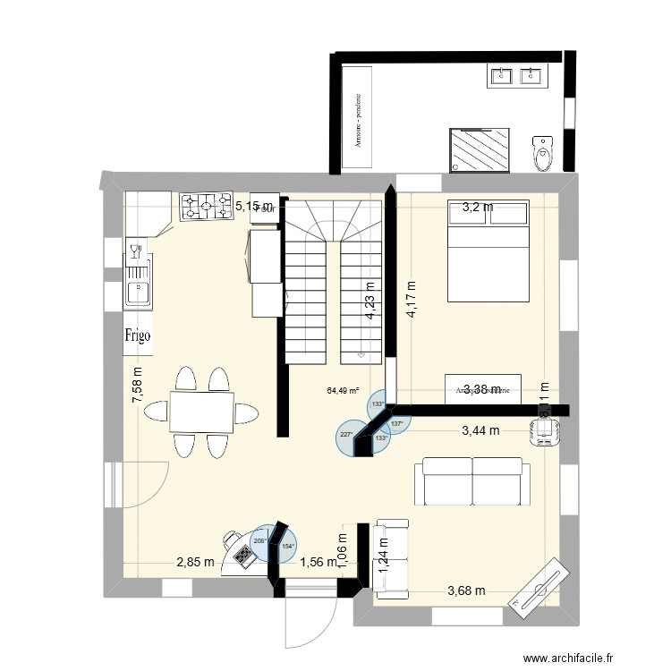 plan 2. Plan de 1 pièce et 64 m2