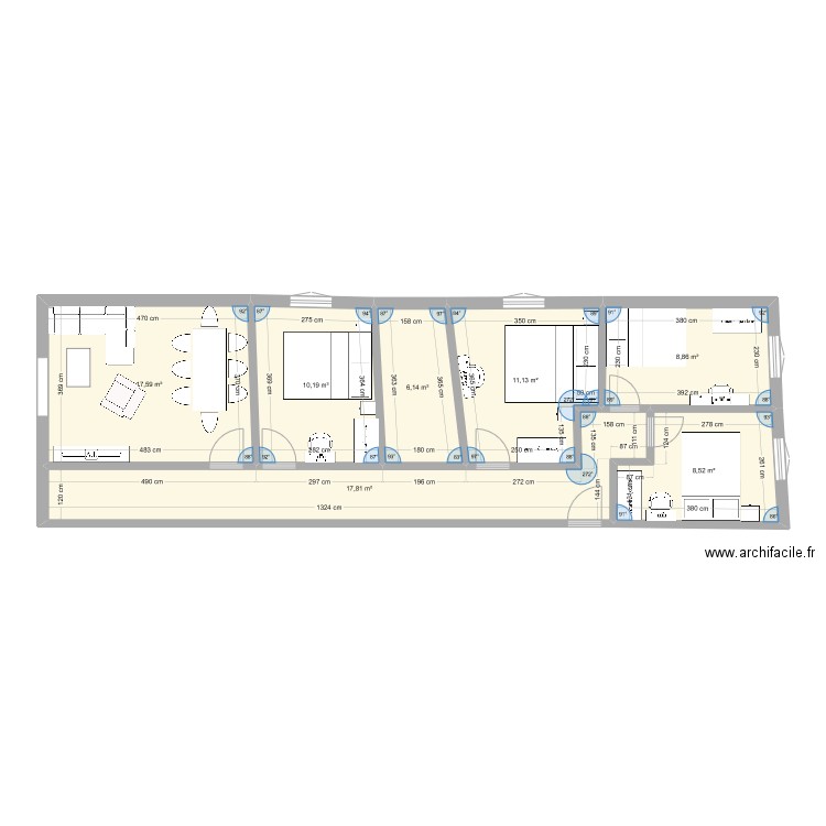 chambre. Plan de 7 pièces et 80 m2