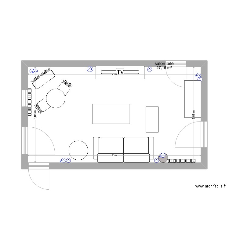 salon télé. Plan de 1 pièce et 27 m2