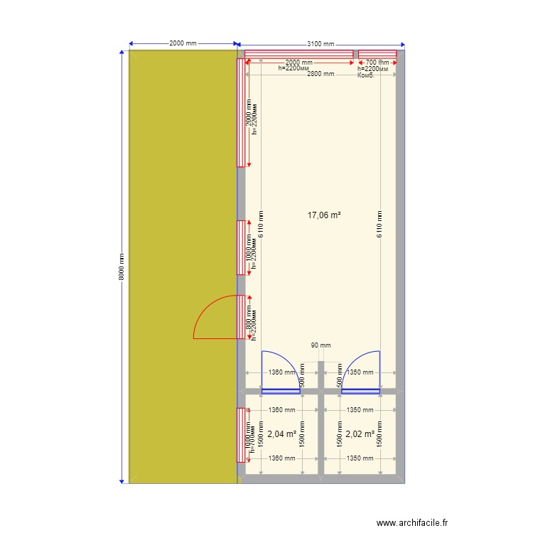 office. Plan de 4 pièces et 35 m2