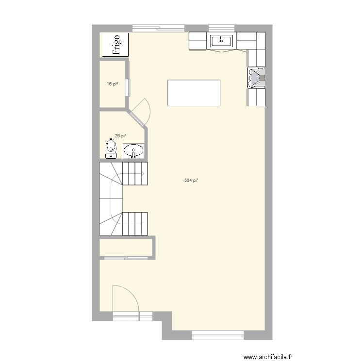 Maison de ville Traversée RDC. Plan de 4 pièces et 57 m2