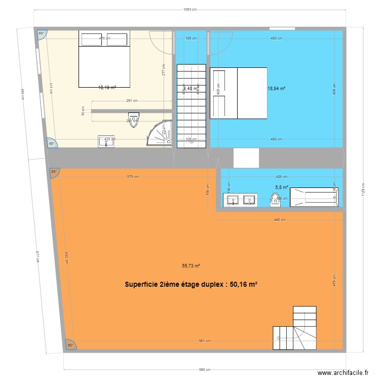 Etage 2 état actuel . Plan de 5 pièces et 103 m2