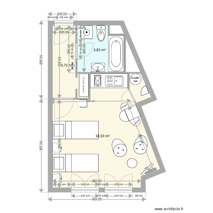 studio 7gg. Plan de 3 pièces et 26 m2